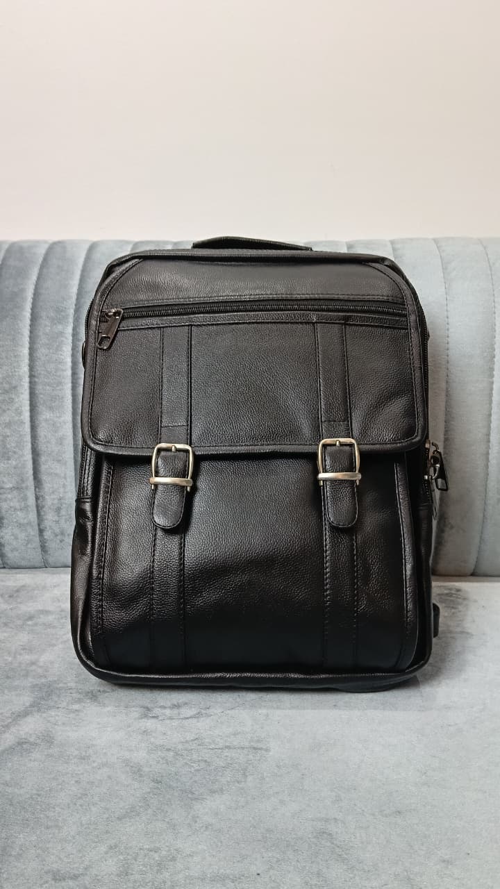 Genuine Cow Leather Dual Lock Bag- Black
